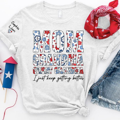 Mom Grandma Great Grandma Shirt, Patriotic Floral Tee with Custom Names, Gift for Mom Grandma Great Grandma Family Shirt