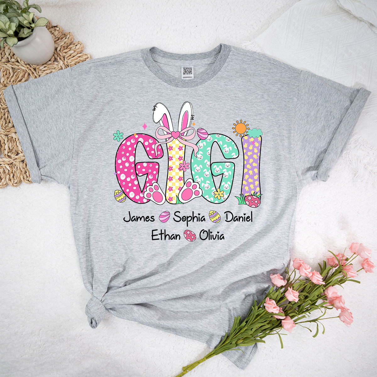 Personalized Gigi Easter Shirt With Bunny Ears, Custom Gigi Shirt With Grandkids Names