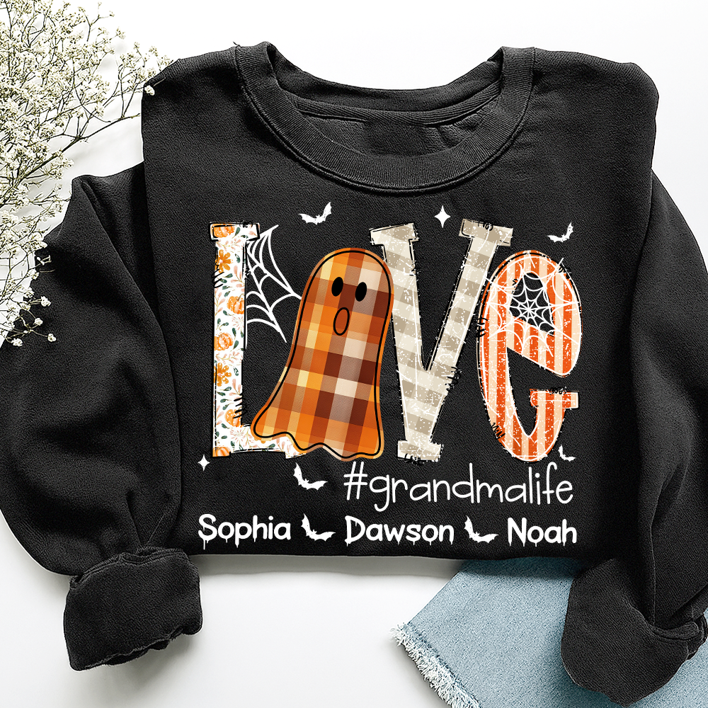 Personalized Grandma Halloween Outfit, Cute Ghost Sweatshirt with Grandkids Names