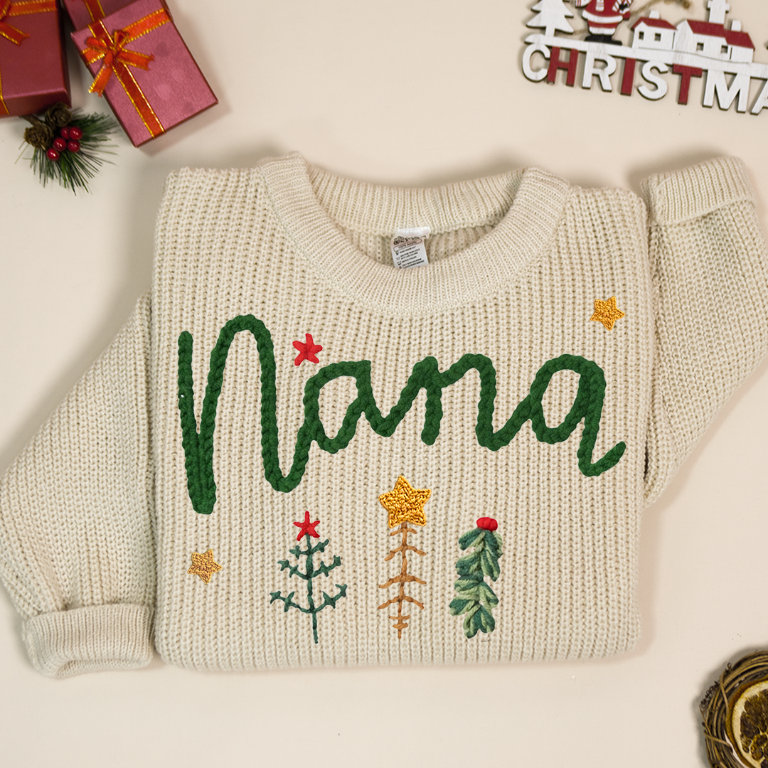 Personalized Nana Tree Hand-Embroidered Sweater, Cozy Christmas Knit Pullover, Unique Holiday Gift for Grandmas and Family