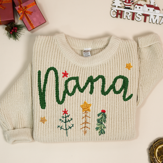 Personalized Nana Tree Hand-Embroidered Sweater, Cozy Christmas Knit Pullover, Unique Holiday Gift for Grandmas and Family