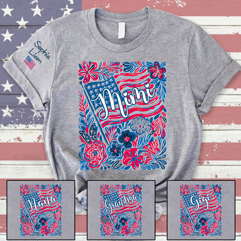 Personalized Mimi Shirt with Kids Names Patriotic Floral Design USA Flag Custom Family Tee
