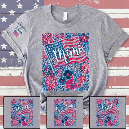 Personalized Mimi Shirt with Kids Names Patriotic Floral Design USA Flag Custom Family Tee