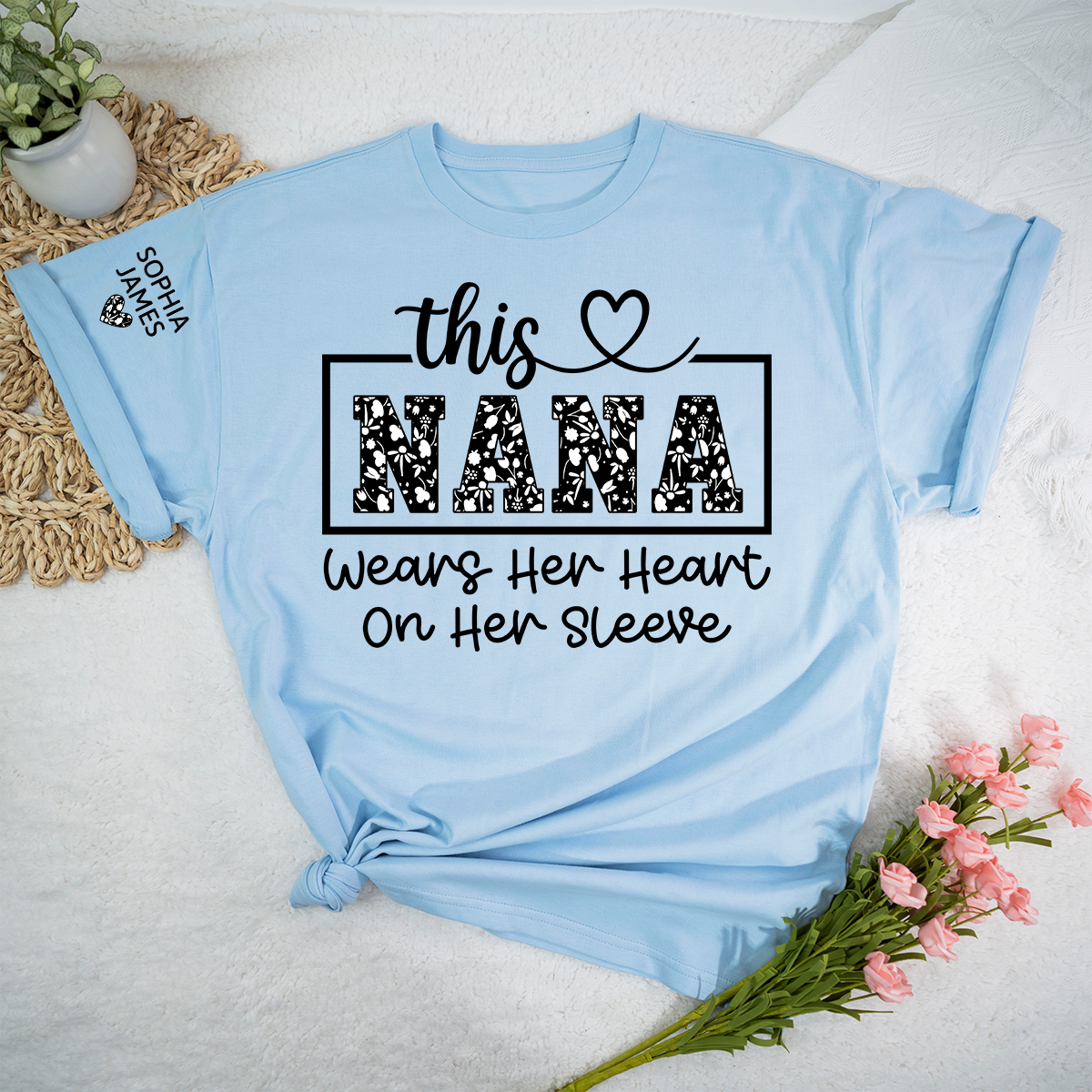 This Nana Wears Her Heart on Her Sleeve Floral T-Shirt, Custom Nana Gift for Grandmother