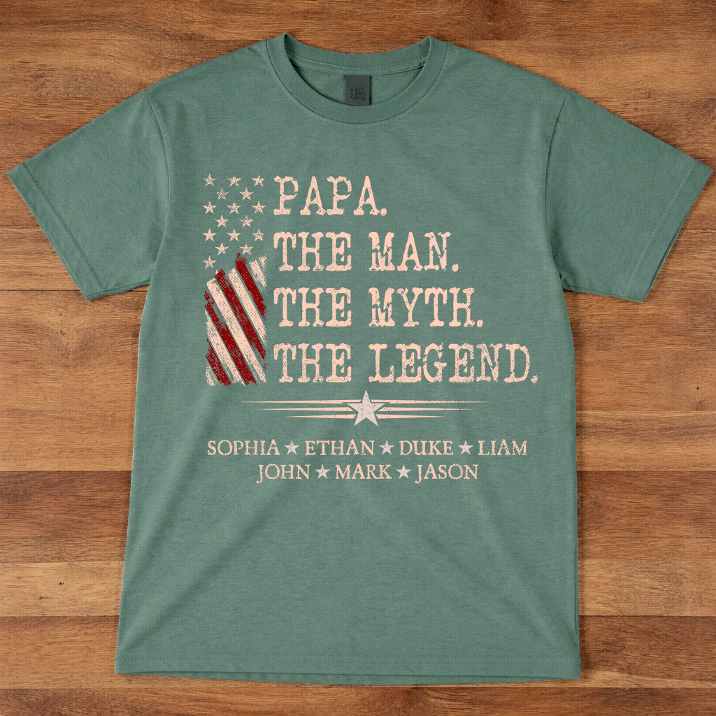 Papa The Man The Myth The Legend Shirt, Personalized Papa T-Shirt with Kids Names Patriotic American Flag Design