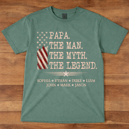 Papa The Man The Myth The Legend Shirt, Personalized Papa T-Shirt with Kids Names Patriotic American Flag Design