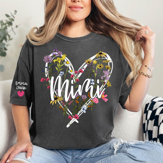 Personalized Mimi Shirt with Grandkids Names, Floral Heart Design Family Tee