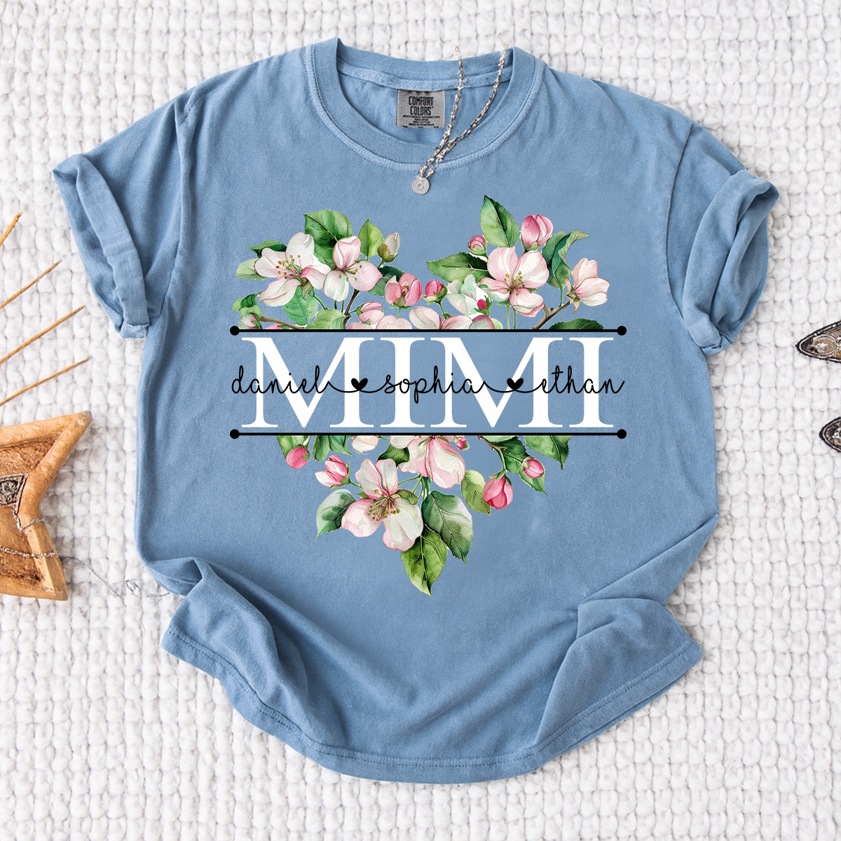 Comfort Personalized Mimi Flower Heart Shirt, Custom Names Family Gift T Shirt
