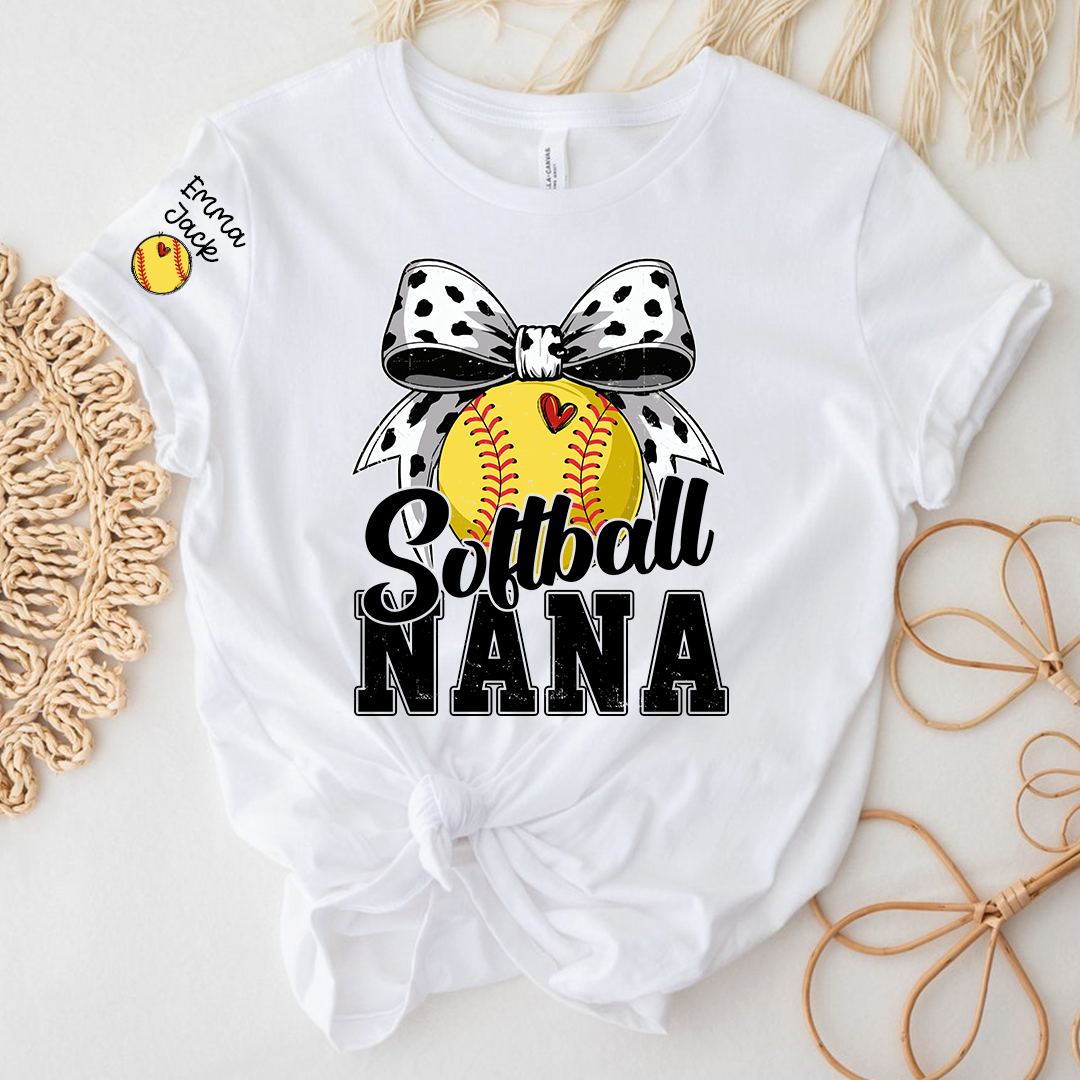 Proud Softball Nana T Shirt, Personalized Kids Names Sports Shirt with Bow Graphic