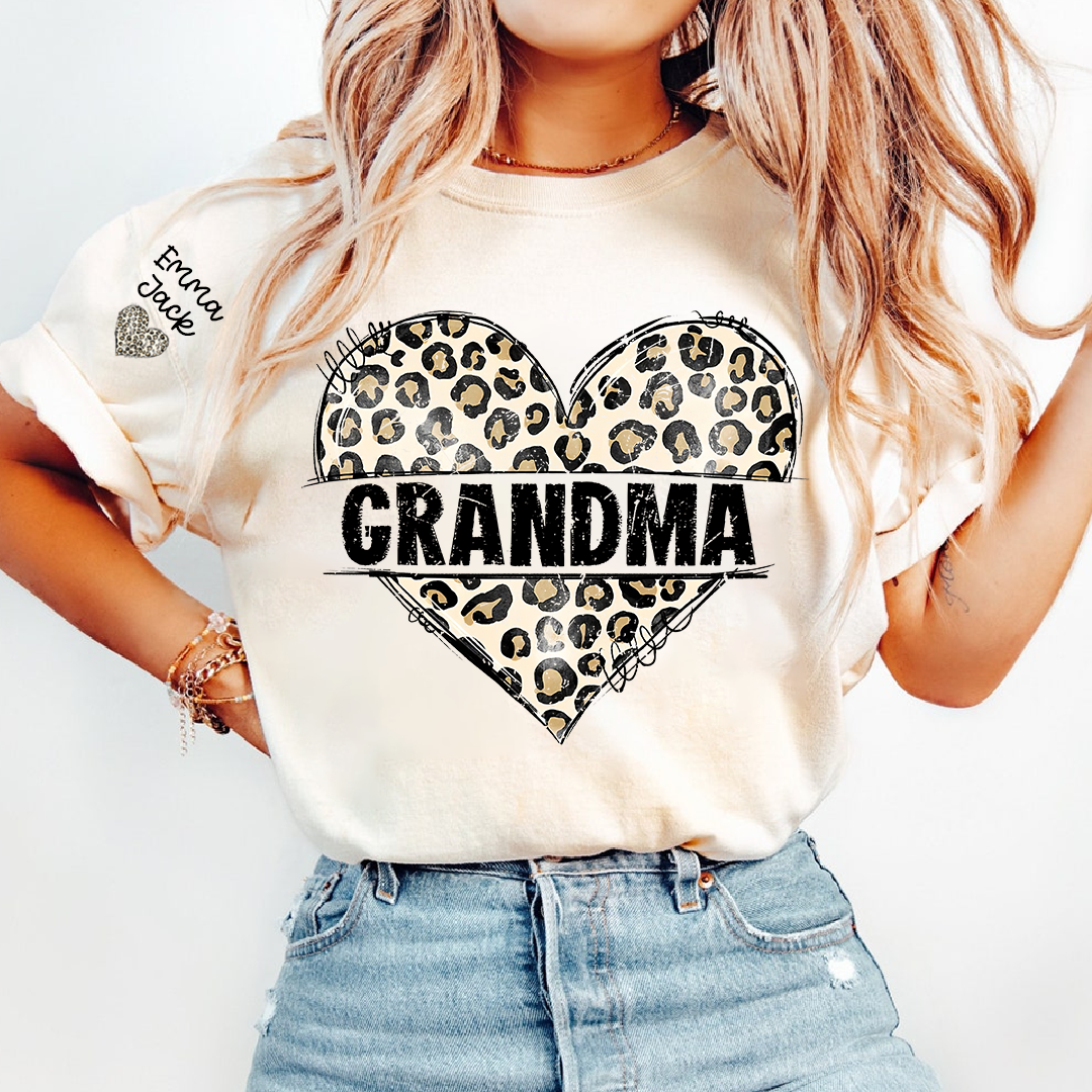 Leopard Heart Grandma Shirt, Personalized Grandkids Names Family T Shirt