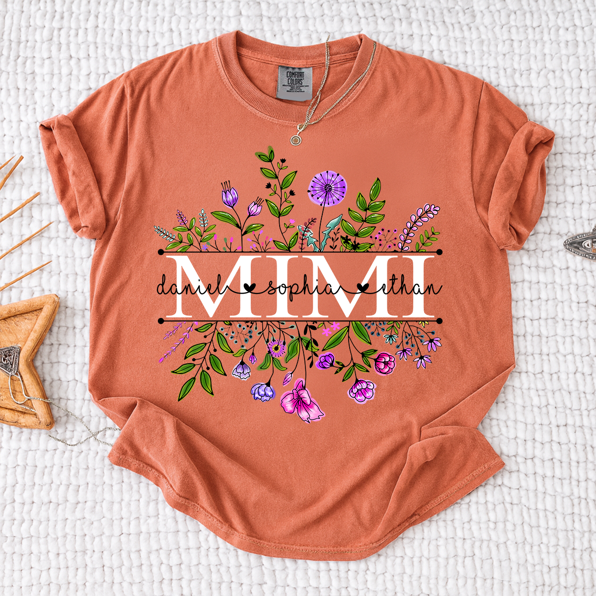 Comfort Colors Custom Mimi Shirt, Floral Graphic with Personalized Grandkids Names, Perfect Gift for Grandma