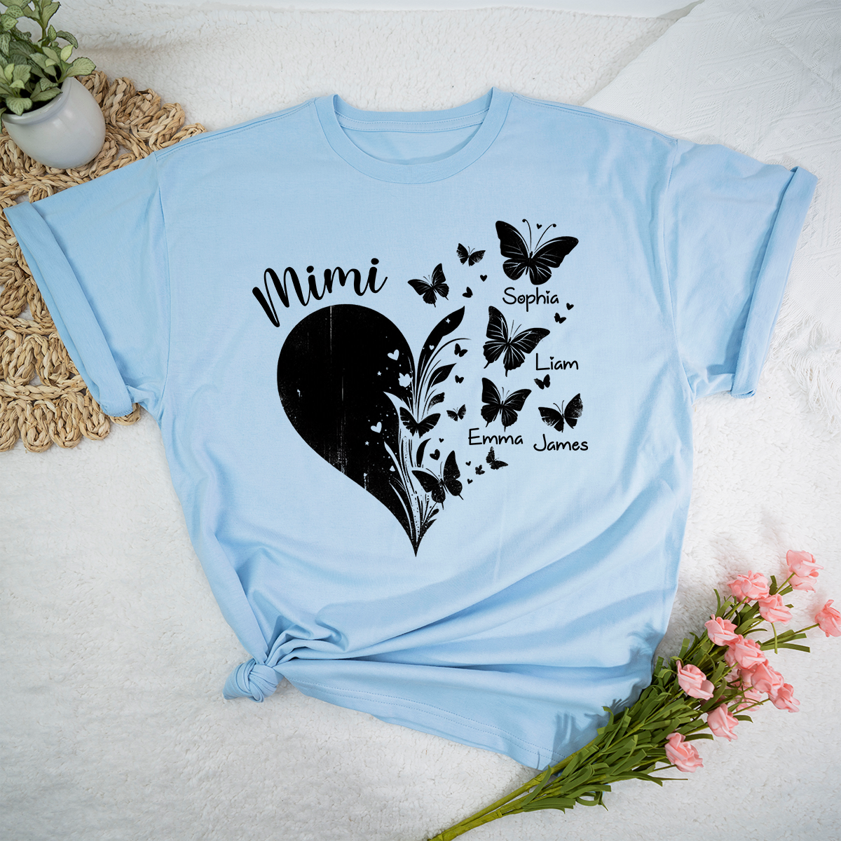 Mimi Butterfly Heart Shirt with Kids Names, Personalized Mimi Grandma T-Shirt Gift for Her