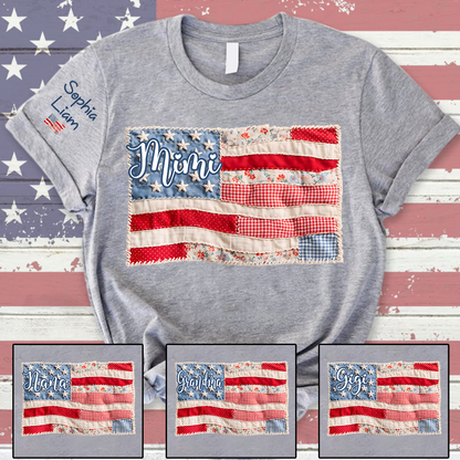 Mimi Shirt with Kids Names Patriotic Patchwork American Flag Design Custom Family Tee