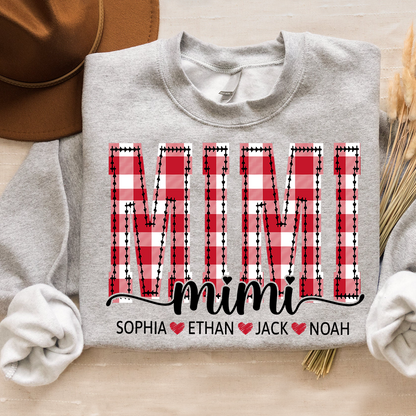 Custom Mimi Sweatshirt, Plaid Christmas Grandma Shirt with Kids Names