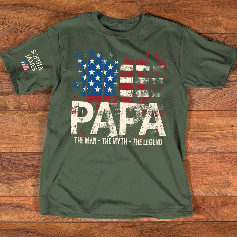Custom Papa T-Shirt with USA Flag Graphic – Personalized Gift for Father Featuring Kids’ Names