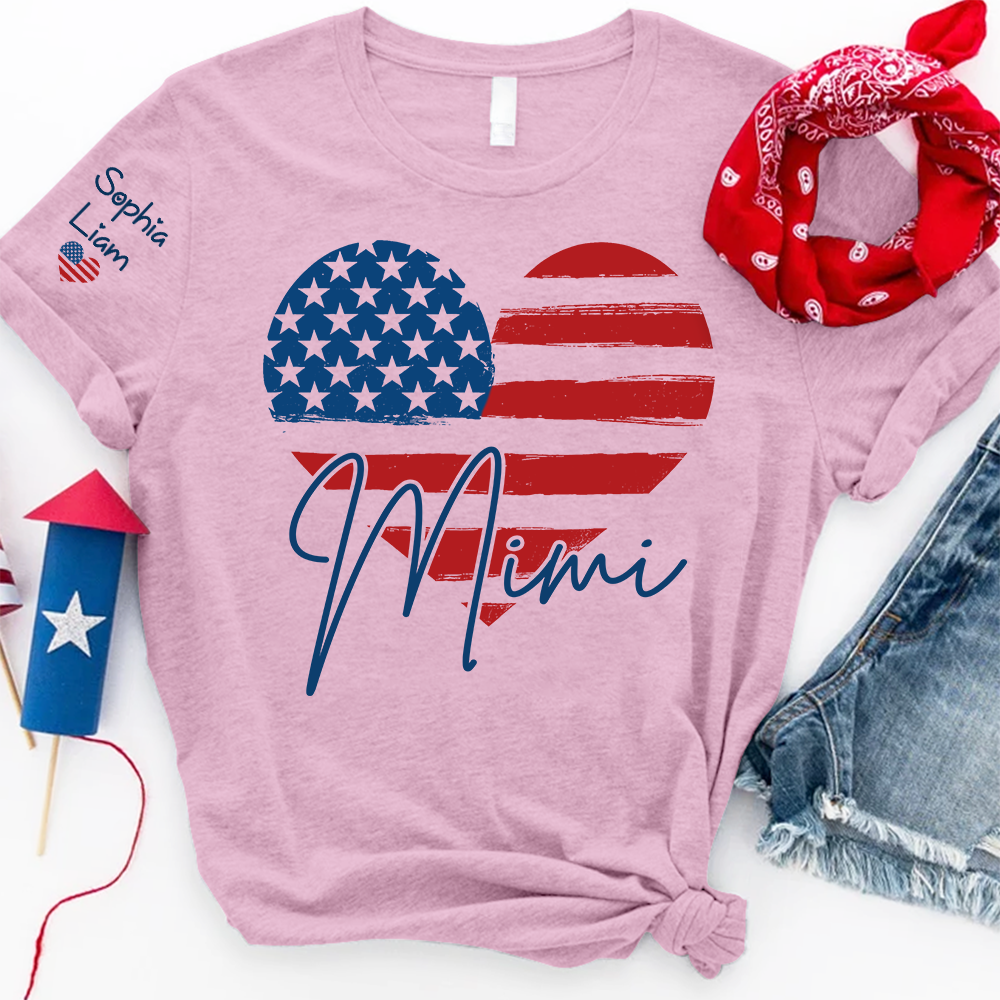 Personalized Mimi Shirt, American Flag Heart Design, Custom Name, Patriotic Fourth of July T Shirt, Independence Day Outfit