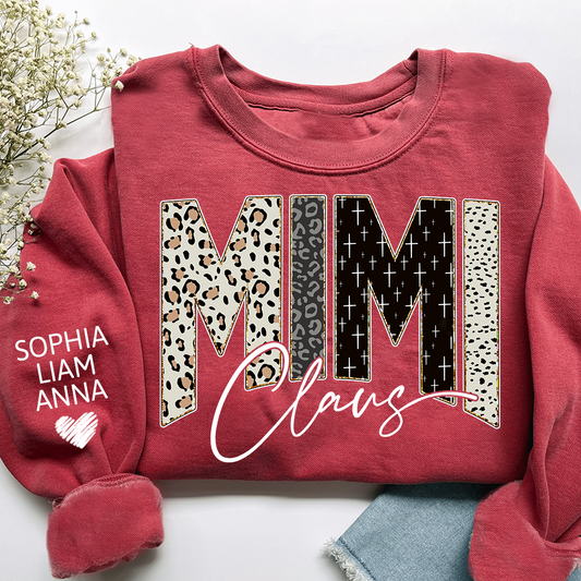 Personalized Mimi Claus Leopard Sweatshirt – Custom Bible Style Design, Unique Gift for Grandma and Her Grandkids
