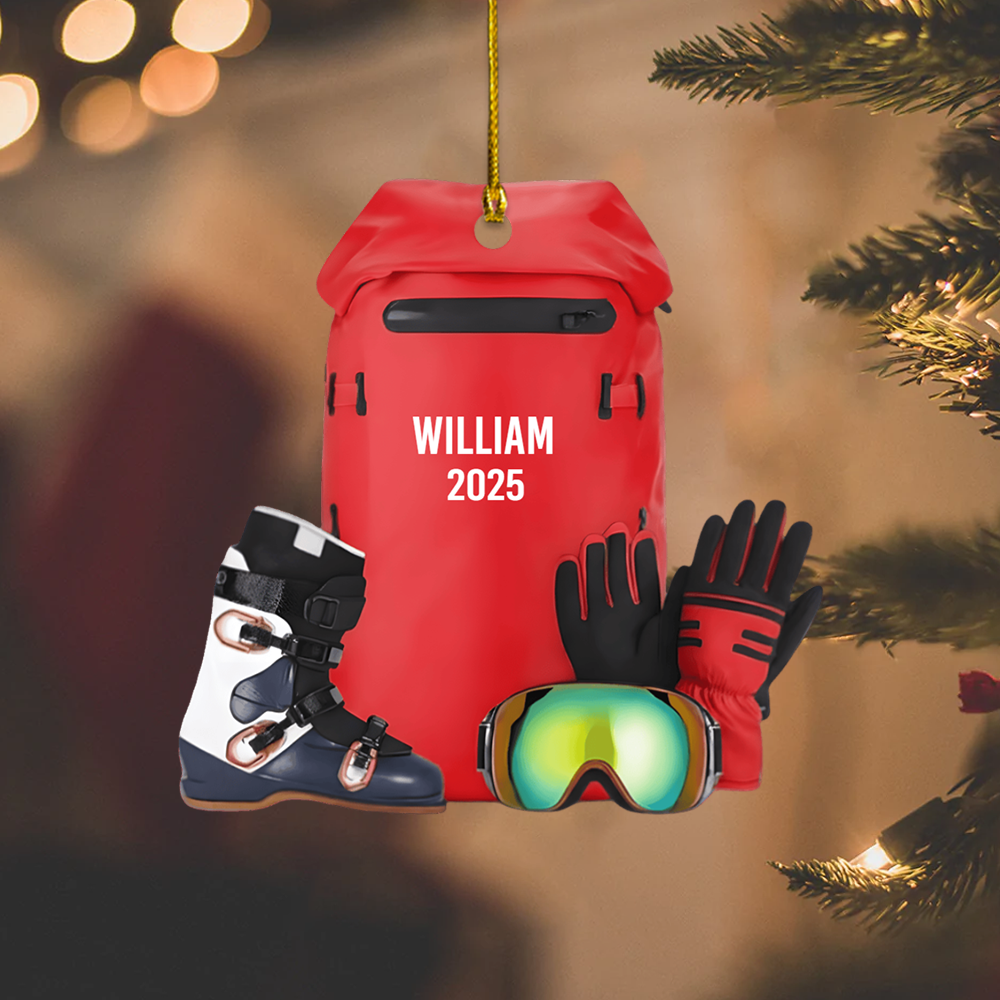 Personalized Ski Gear Ornament 2025 – Custom Name Ski Backpack Christmas Ornament, Gift for Skiers & Snowboard Lovers Ornament