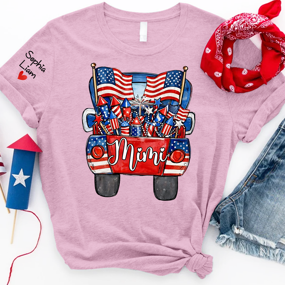 Personalized Mimi Shirt, Patriotic Truck Fireworks Design, Custom Name Sleeve, Fourth of July Shirt, Independence Day Family Outfit