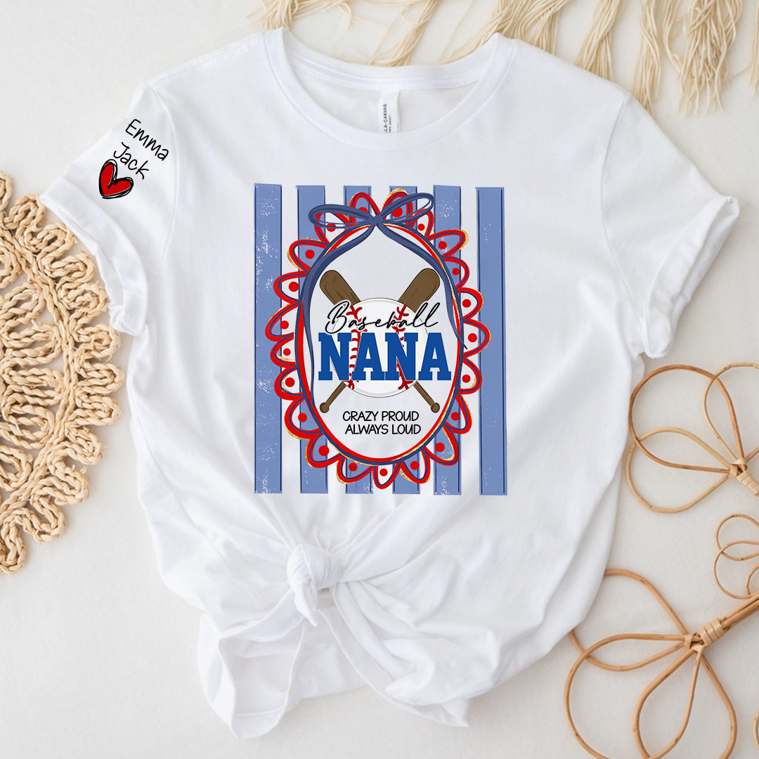Custom Baseball Coquette Nana Shirt for Game Day, Personalized Kids Names Sports Grandma Tee