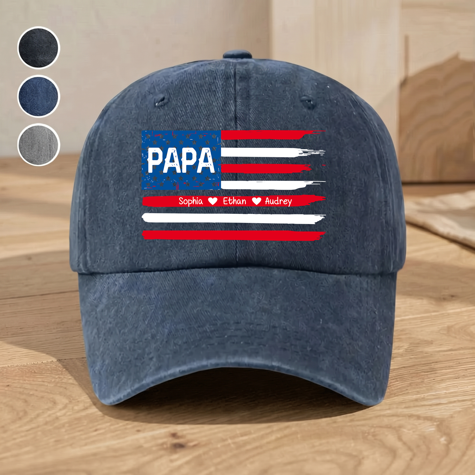 Personalized Papa American Flag Hat Custom Kids Names Baseball Cap Gift For Dad Grandpa Father’s Day Patriotic Adjustable Navy Blue Cap