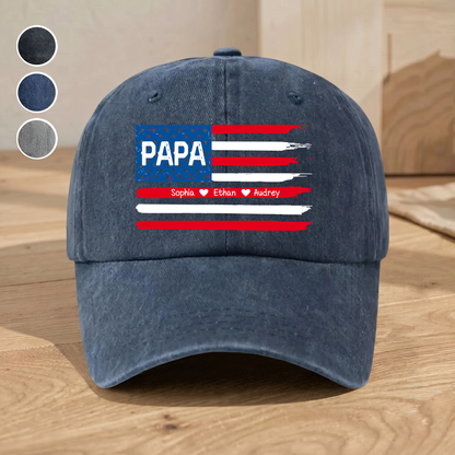 Personalized Papa American Flag Hat Custom Kids Names Baseball Cap Gift For Dad Grandpa Father’s Day Patriotic Adjustable Navy Blue Cap