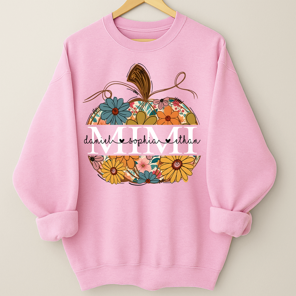 Custom Mimi Pumpkin Sweatshirt with Grandchildren Names, Personalized Floral Fall Shirt, Grandma Thanksgiving Gift