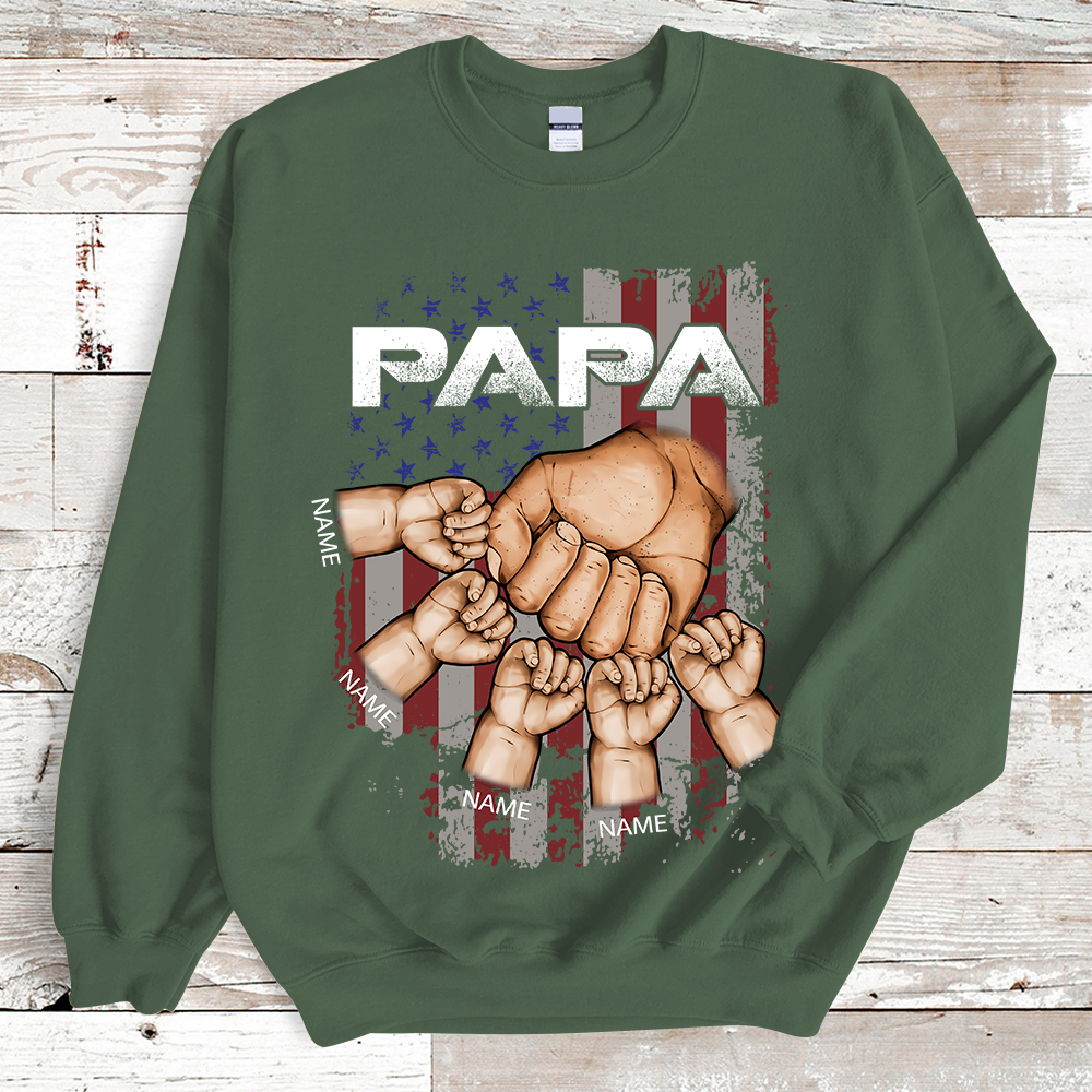 Grandpa America Flag And Fist Bump Print Custom Grandkids Name Independence Day Sweatshirt