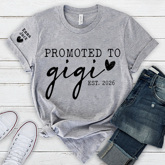 Promoted To Gigi Est 2026 Shirt, Personalized Grandkids Names Sleeve Tee, New Gigi Gift, First Time Grandma Announcement Shirt