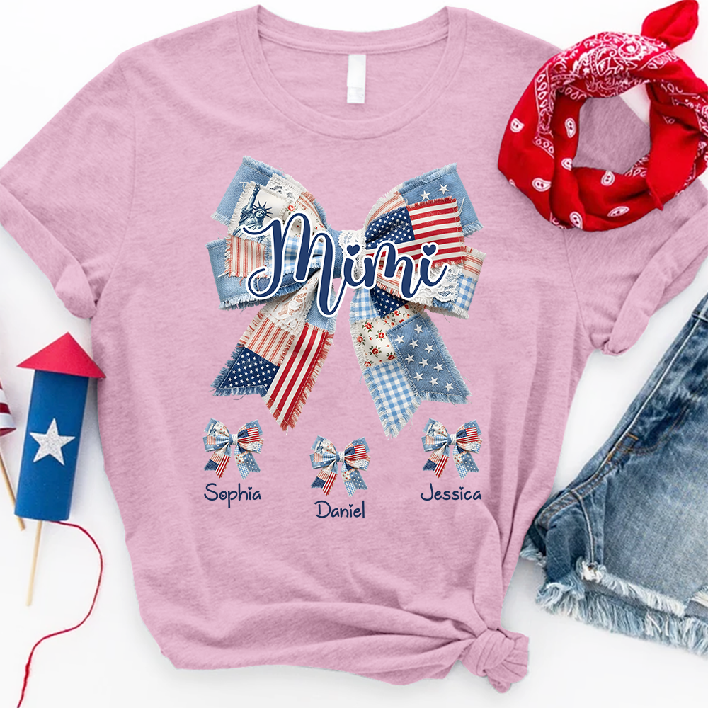 Custom Mimi Tee with Children’s Names, Patriotic Patchwork Bow Shirt, Perfect Gift for Grandma Holidays or Birthday