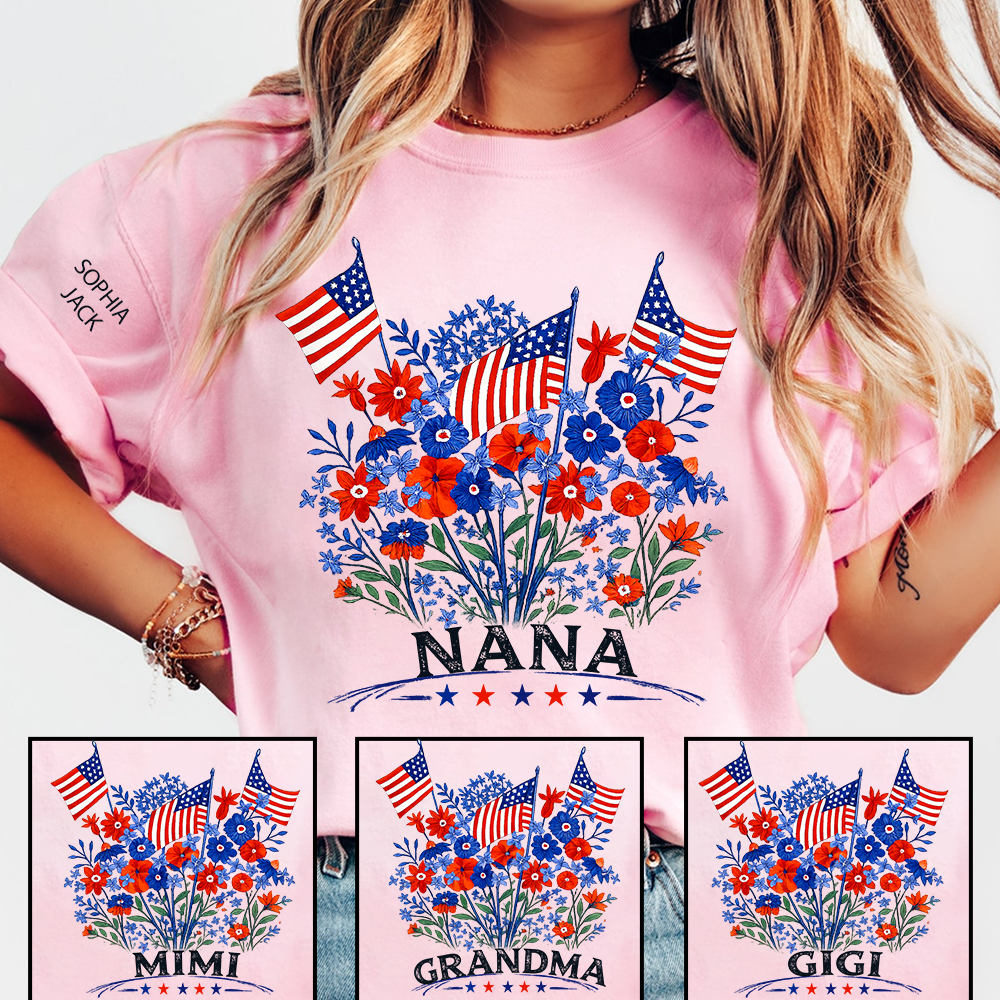 Personalized Nana Shirt Patriotic Floral American Flag Design Custom Grandma Mimi Gigi Name Tee with Grandkids Names Family 4th of July Outfit