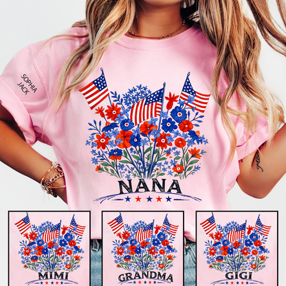 Personalized Nana Shirt Patriotic Floral American Flag Design Custom Grandma Mimi Gigi Name Tee with Grandkids Names Family 4th of July Outfit