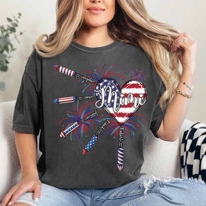 Patriotic Mimi Shirt with Firework Heart and American Flag Design for 4th of July