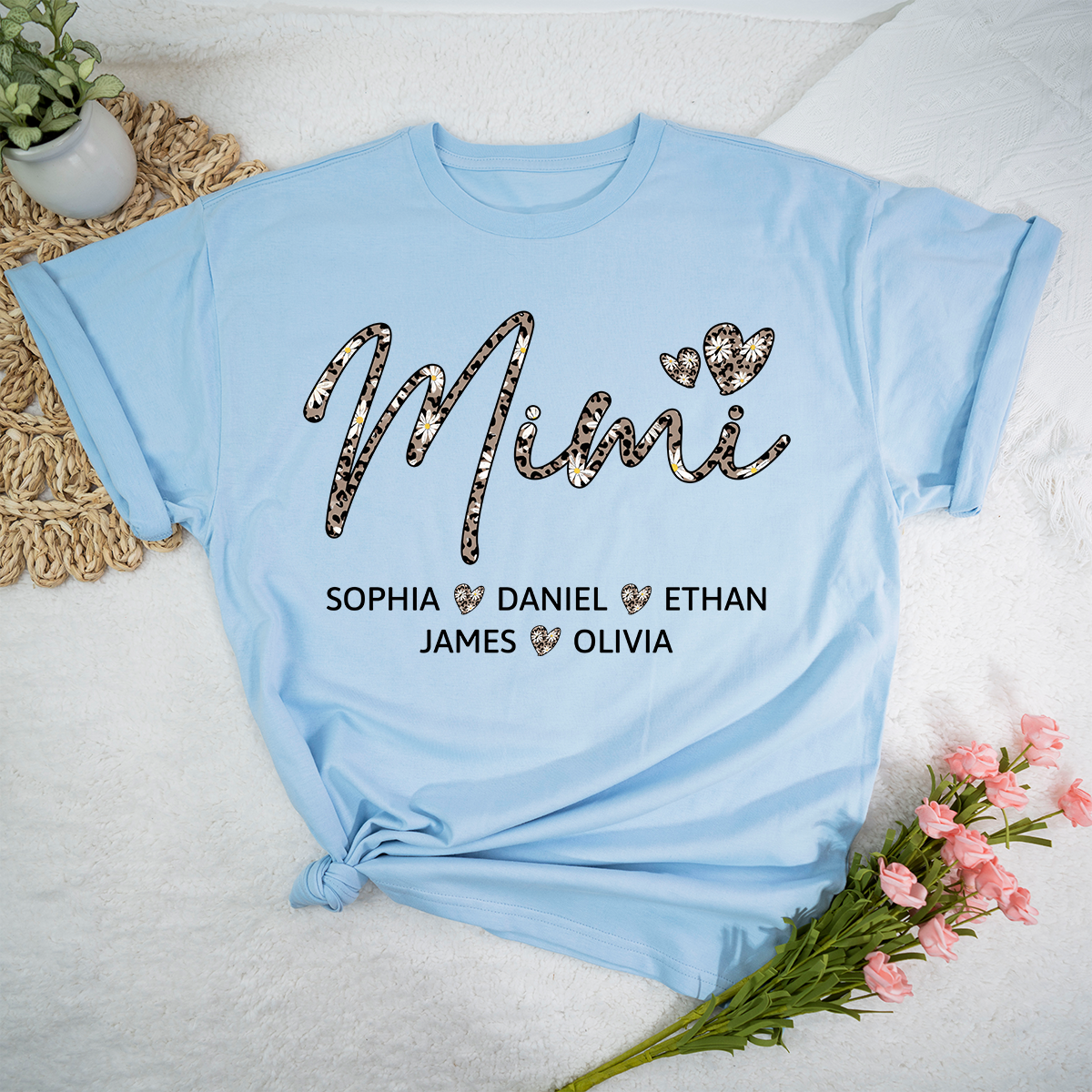 Personalized Mimi Shirt with Grandkids Names, Leopard Print Mimi Grandma T-Shirt Gift for Her