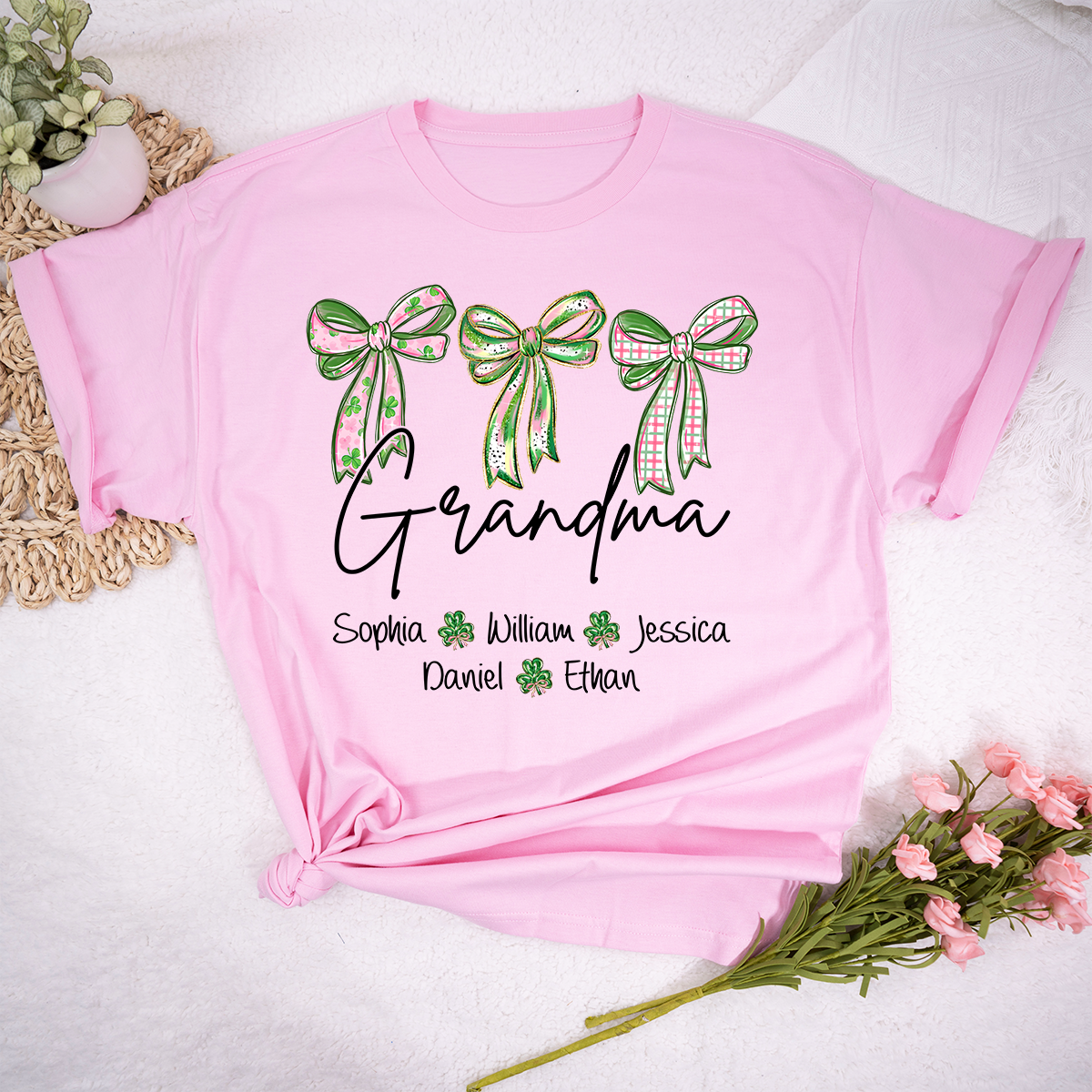 Lucky Grandma Personalized Shirt, Shamrock and Bow St Patrick Day Theme, Custom Names Family Shirt for Grandma
