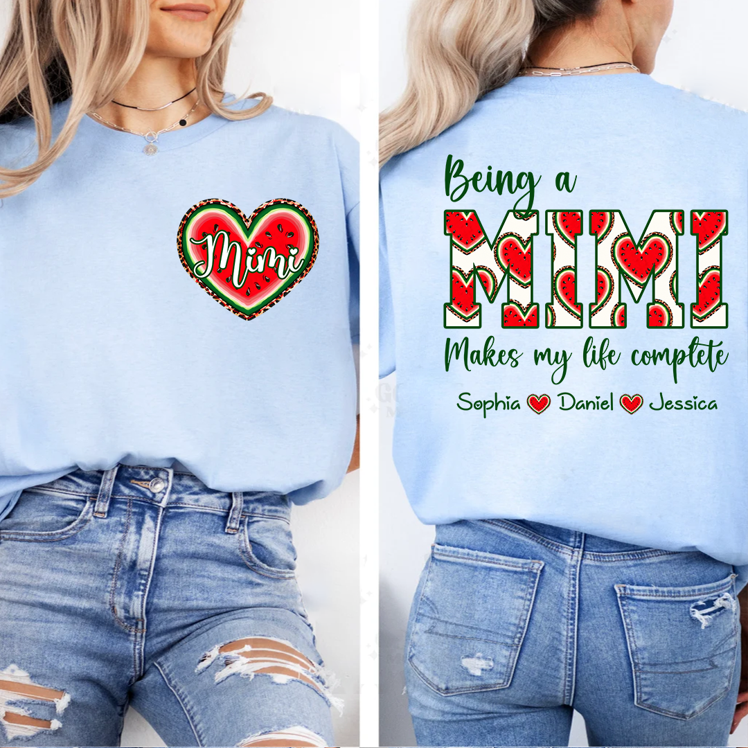 Personalized Mimi Watermelon Heart Shirt, Custom Grandma Comfort Colors Tee with Grandkids Names, Being a Mimi Makes My Life Complete