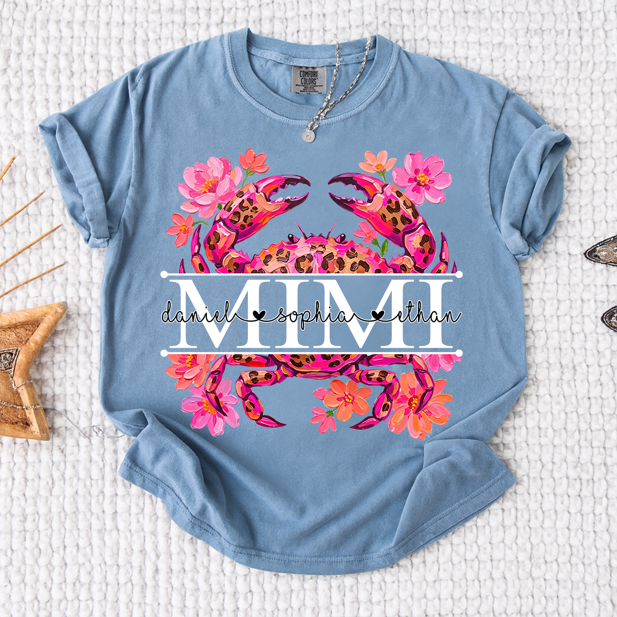 Comfort Colors® Personalized Mimi Crab Shirt with Grandkids Names, Custom Grandma Tee, Floral Leopard Beach Design T Shirt for Mimi Gift