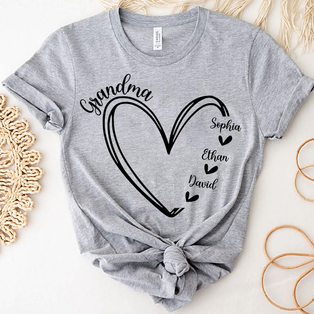 Personalized Grandma Heart Tshirt, Custom Nickname for Grandma and Kids