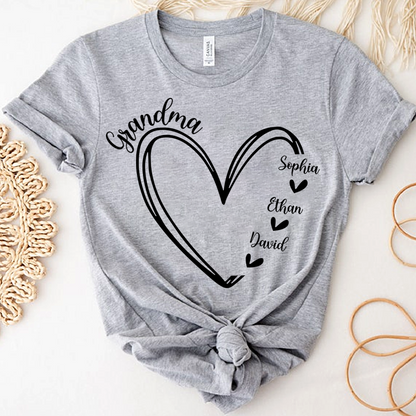 Personalized Grandma Heart Tshirt, Custom Nickname for Grandma and Kids