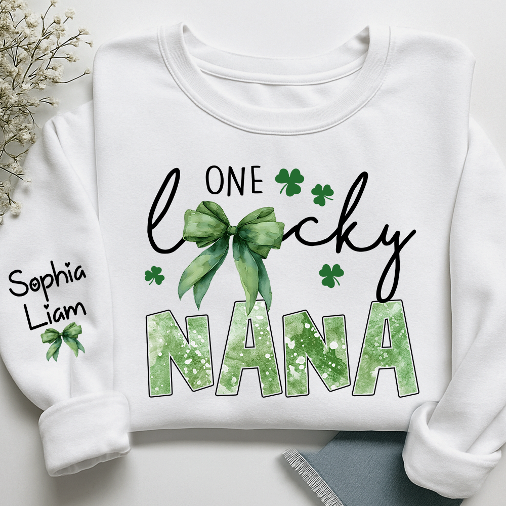 One Lucky Nana Sweatshirt for St Patrick’s Day, Personalized Grandma Shamrock Clover Sweatshirt with Kids Names