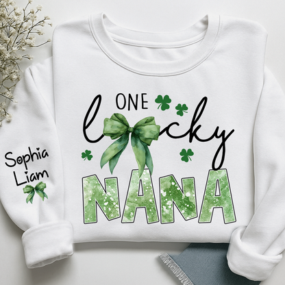 One Lucky Nana Sweatshirt for St Patrick’s Day, Personalized Grandma Shamrock Clover Sweatshirt with Kids Names