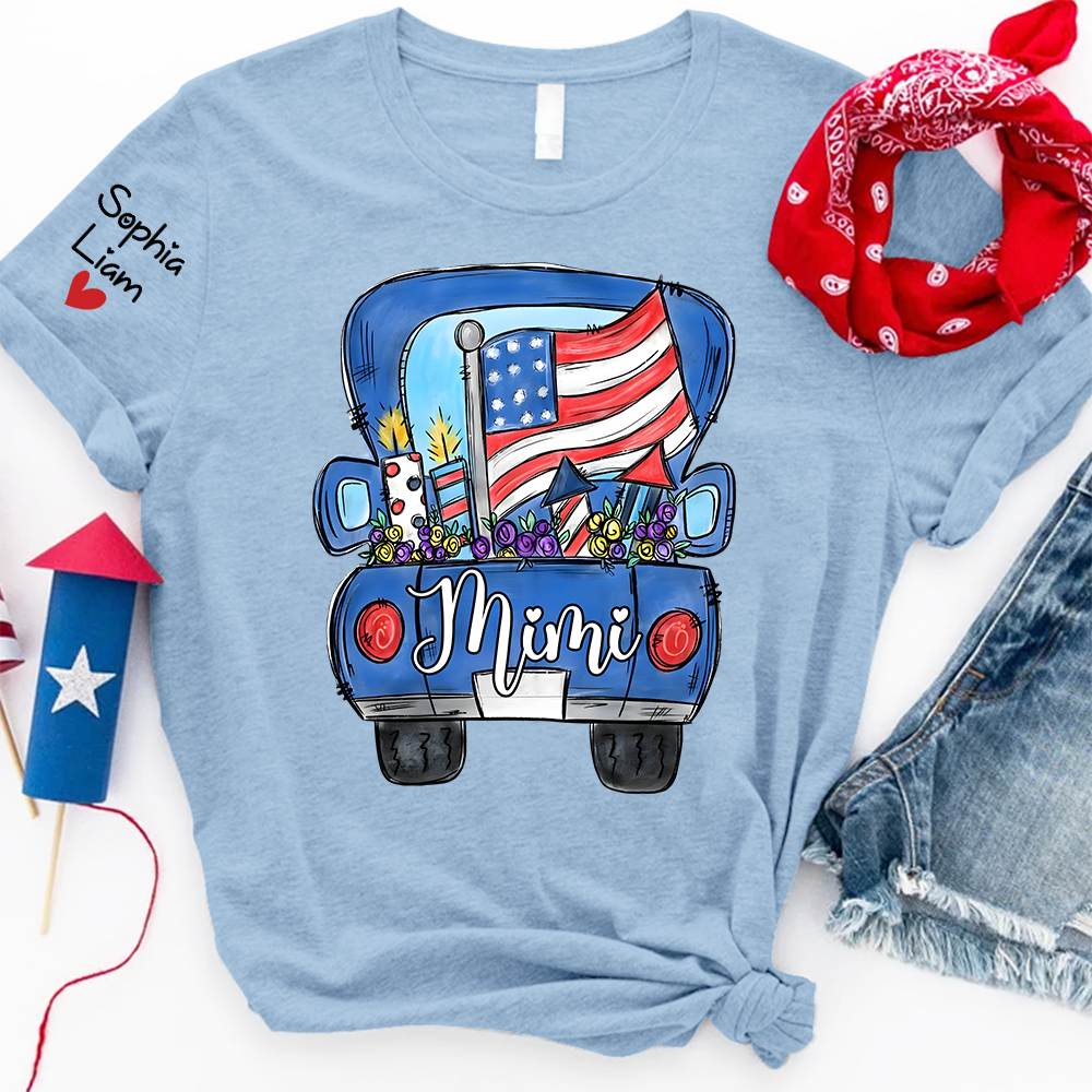 Mimi Shirt with Custom Names, Patriotic Pickup Truck Fireworks Graphic, Independence Day Family Matching Outfit