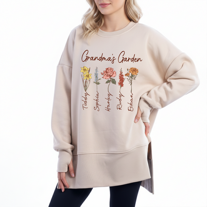 Personalized Grandma Garden Oversized Sweatshirt with Grandkids Names, Custom Floral Birth Flower Design, Cozy Pullover for Grandma, Family Name Keepsake Apparel