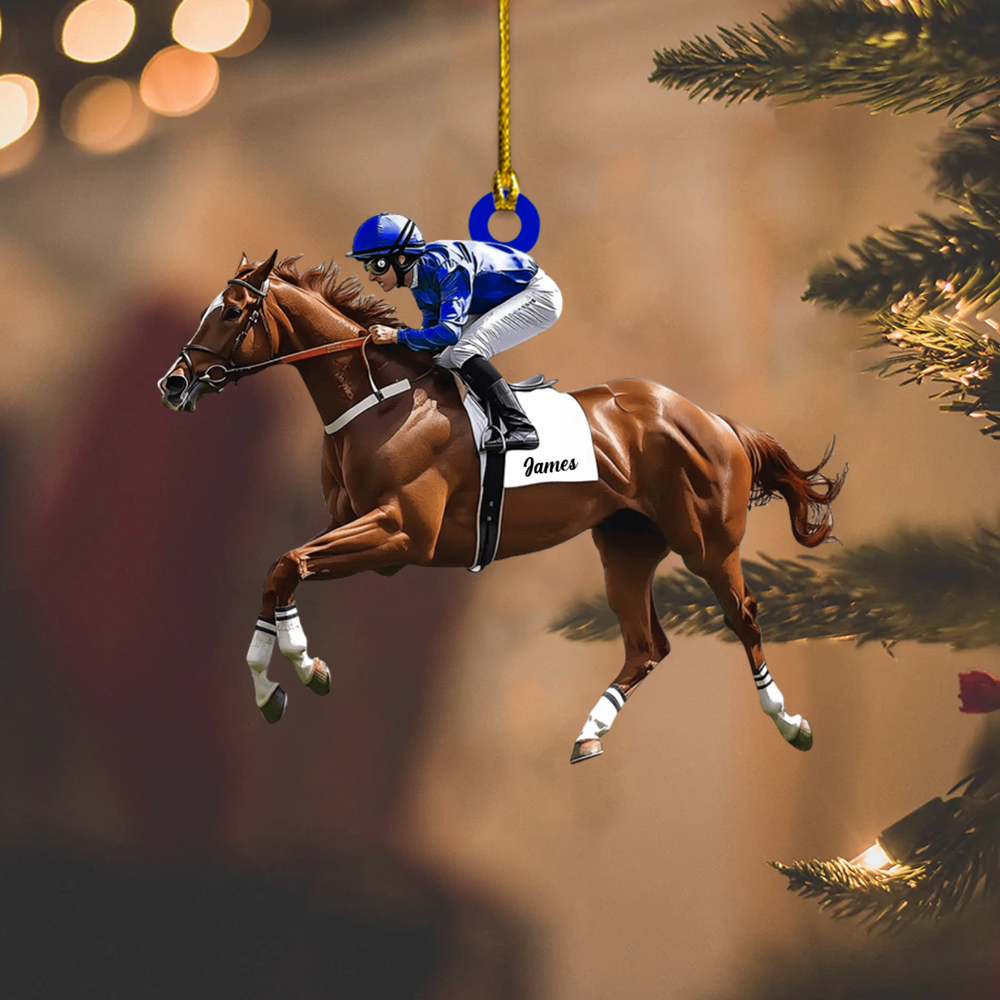 Personalized Horse Racing Ornament – Custom Name Jockey Riding Horse Christmas Decoration, Gift for Equestrian & Race Fans Ornament