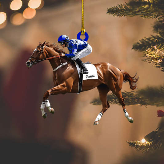 Personalized Horse Racing Ornament – Custom Name Jockey Riding Horse Christmas Decoration, Gift for Equestrian & Race Fans Ornament