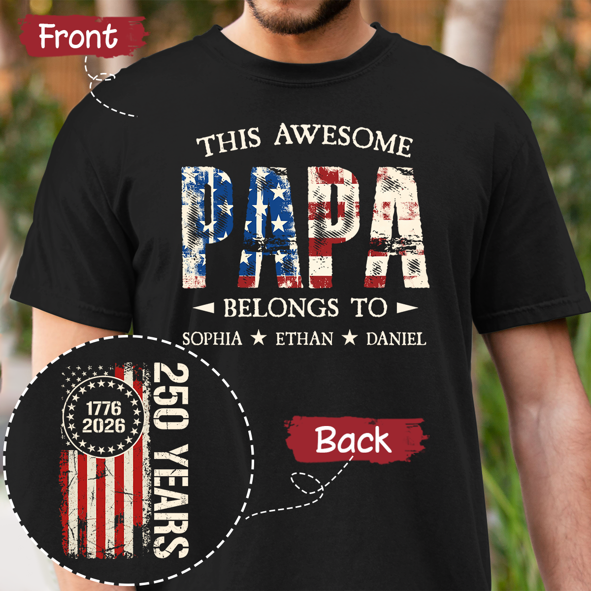 Custom This Awesome Papa Belongs To Shirt, Personalized with Grandkids Names, 250 Years American Flag Design