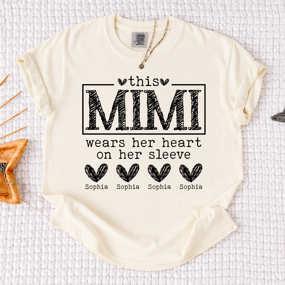 Comfort Colors Custom Mimi Shirt, This Mimi Wears Her Heart on Her Sleeve  with Grandkids Names, Idea Gift for Mother's Day, Birthday