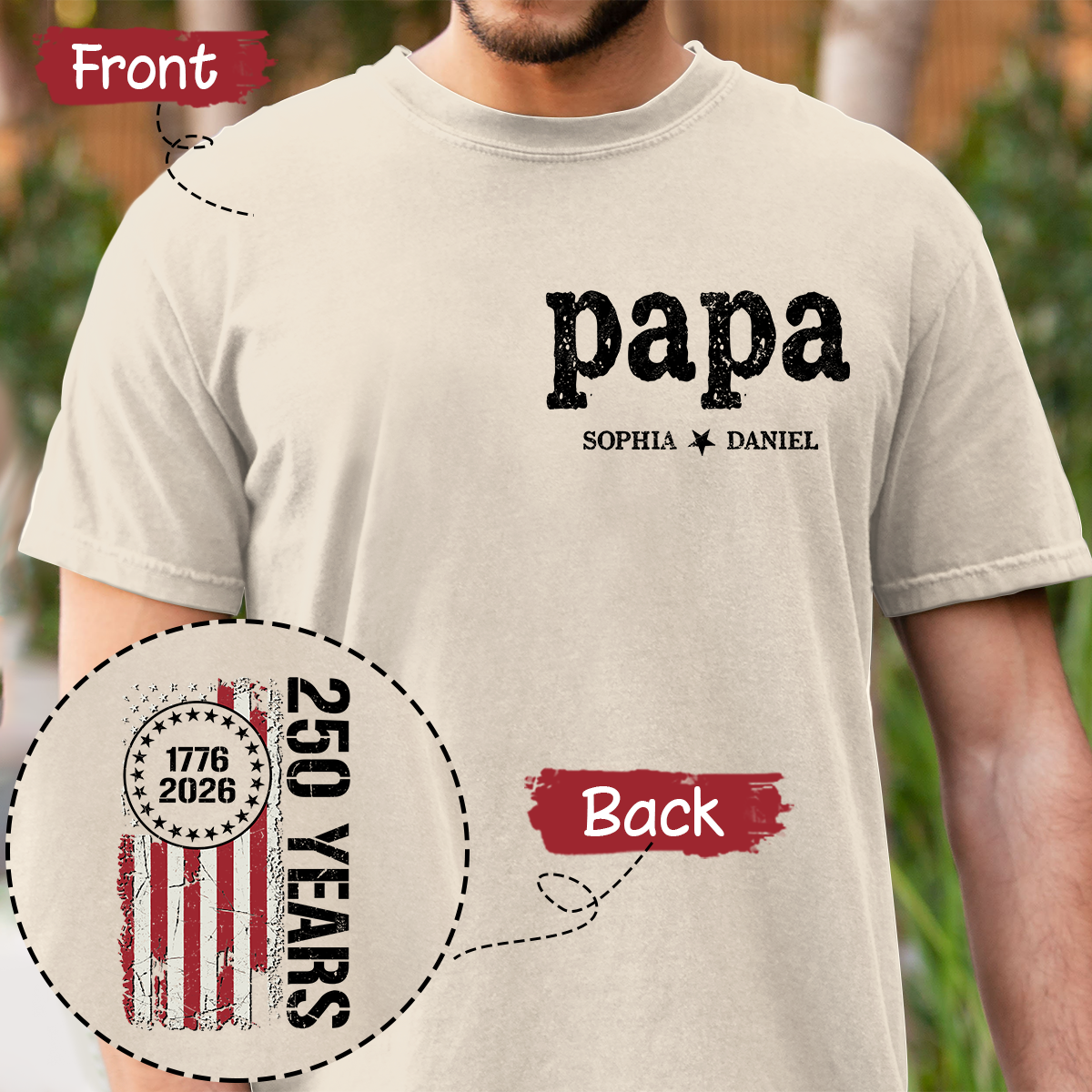 Papa Custom T Shirt, Personalized with Kids Names, Patriotic 250 Years of America Flag Design, Idea for Father’s Day