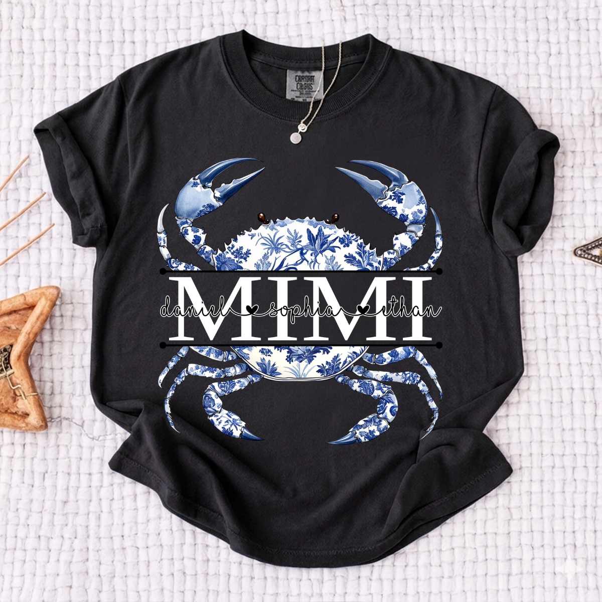 Comfort Colors® Personalized Mimi Shirt, Blue Ocean Crab Graphic Tee, Custom Grandkids Names T Shirt, Cute Coastal Family Gift