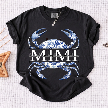 Comfort Colors® Personalized Mimi Shirt, Blue Ocean Crab Graphic Tee, Custom Grandkids Names T Shirt, Cute Coastal Family Gift